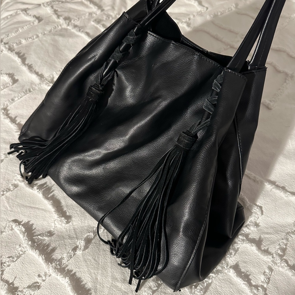 STEVE MADDEN Fringe Satchel Leather & Suede Handbag